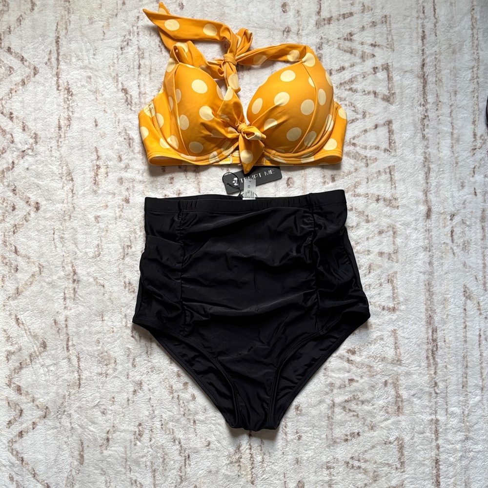 Yellow Polka Dot Bikini Top and Black High-Waisted Bottoms